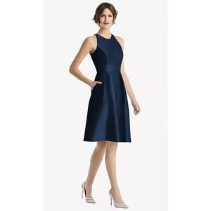 2862 NWT Alfred Snug D769 Jewel Neck Satin Cocktail Dress Midnight Blue Size 6